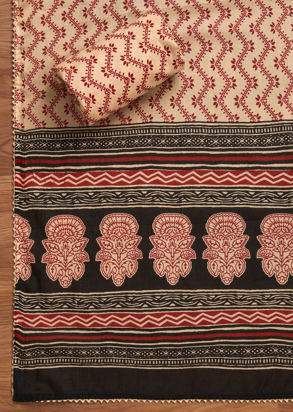 Black Cotton Printed Unstitched Suit with Dupatta and Bottom Fabric