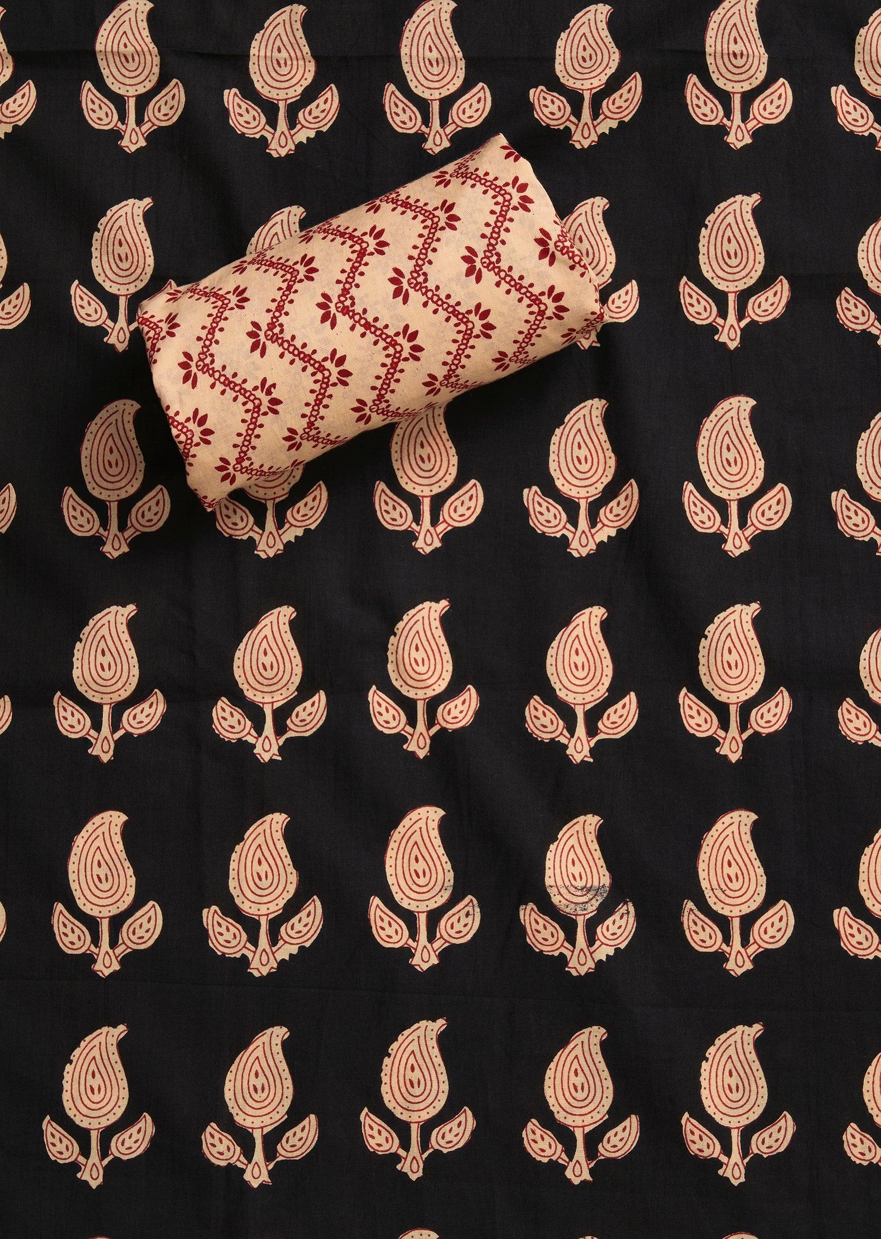Black Cotton Printed Unstitched Suit with Dupatta and Bottom Fabric