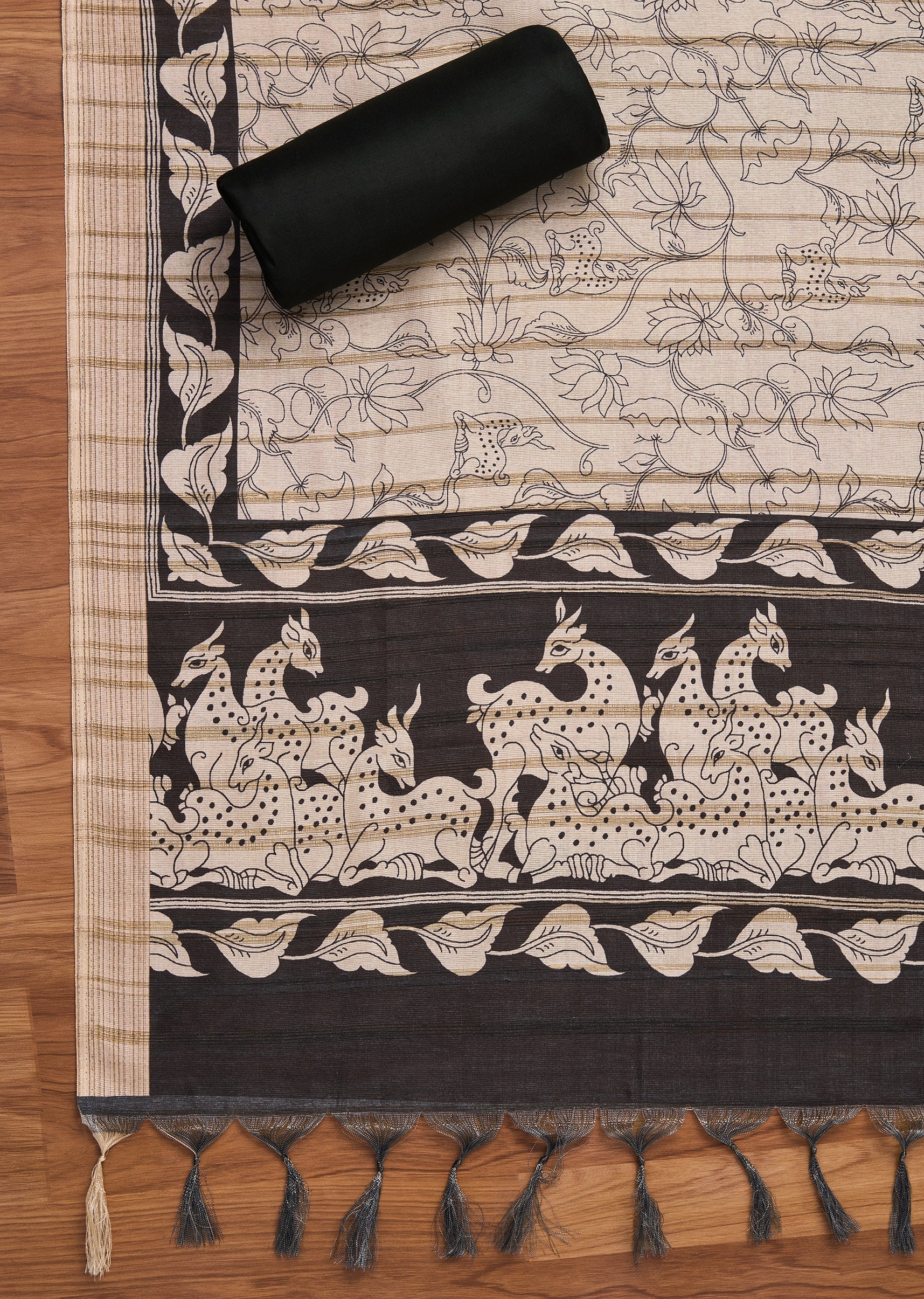 Black Cotton Printed Unstitched Suit And Dupatta and Bottom Fabric