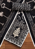 Black Cotton Printed Unstitched Suit With Dupatta