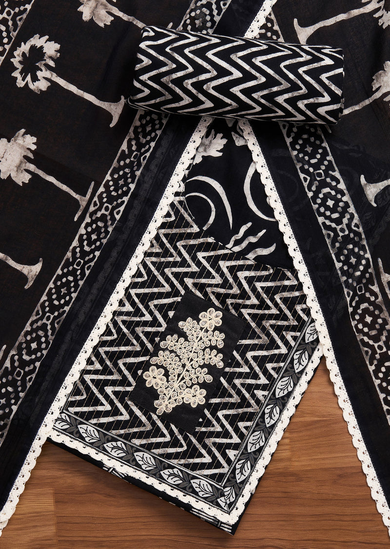 Black Cotton Printed Unstitched Suit With Dupatta
