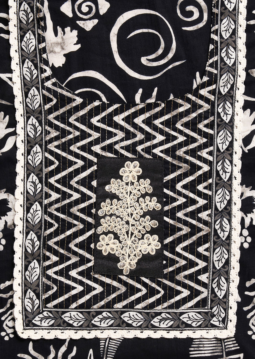 Black Cotton Printed Unstitched Suit With Dupatta