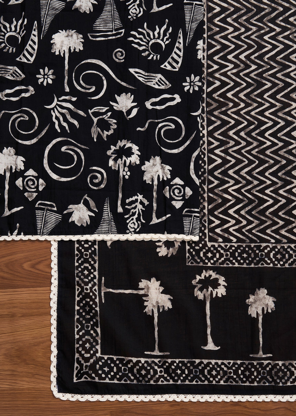 Black Cotton Printed Unstitched Suit With Dupatta