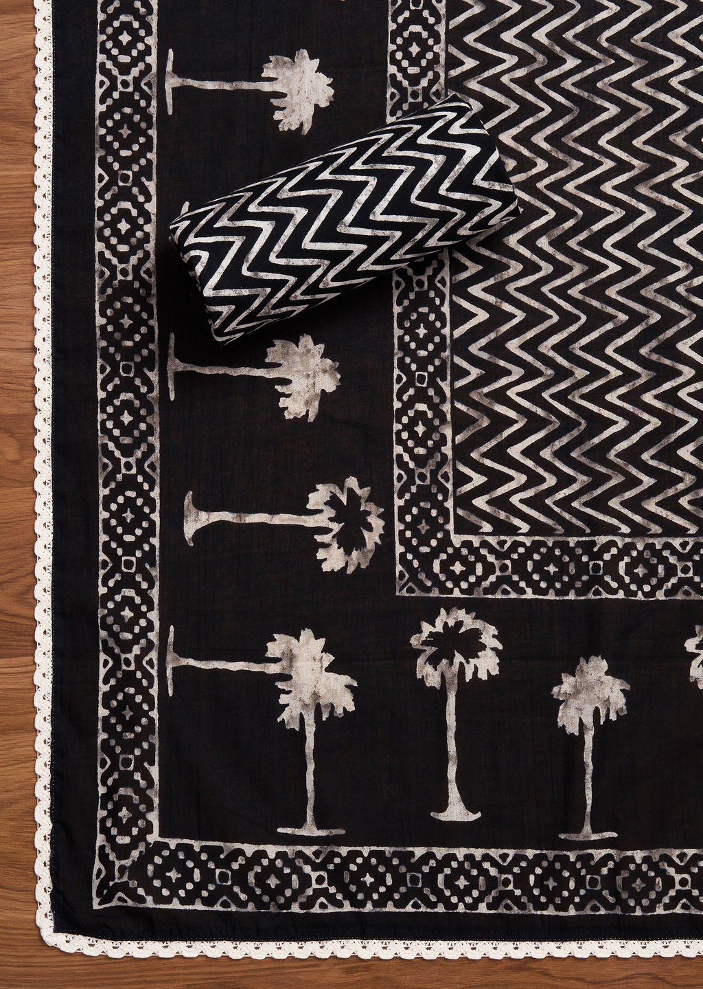 Black Cotton Printed Unstitched Suit With Dupatta
