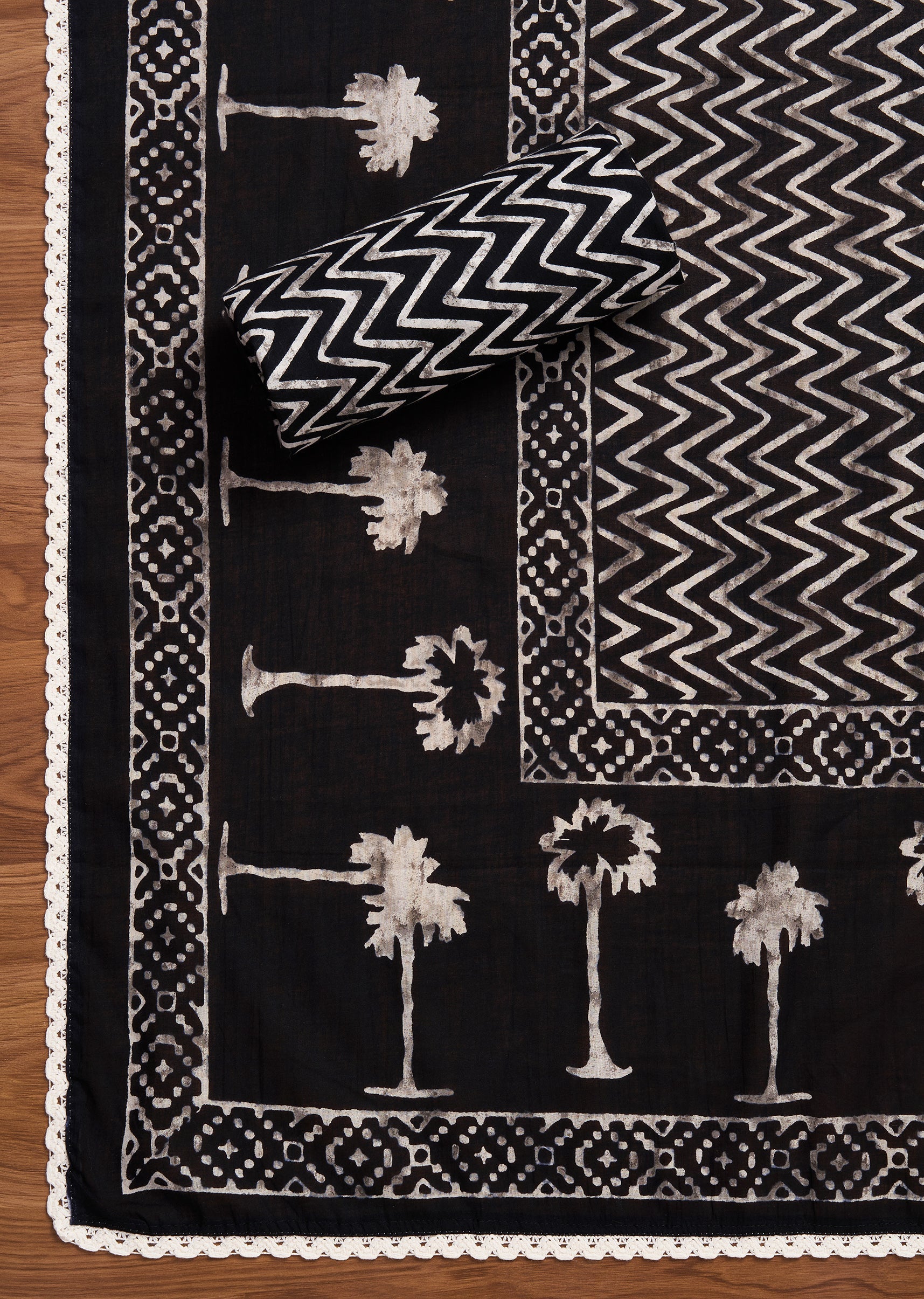 Black Cotton Printed Unstitched Suit With Dupatta