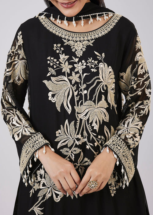 Black Georgette Palazzo Set With Resham Work