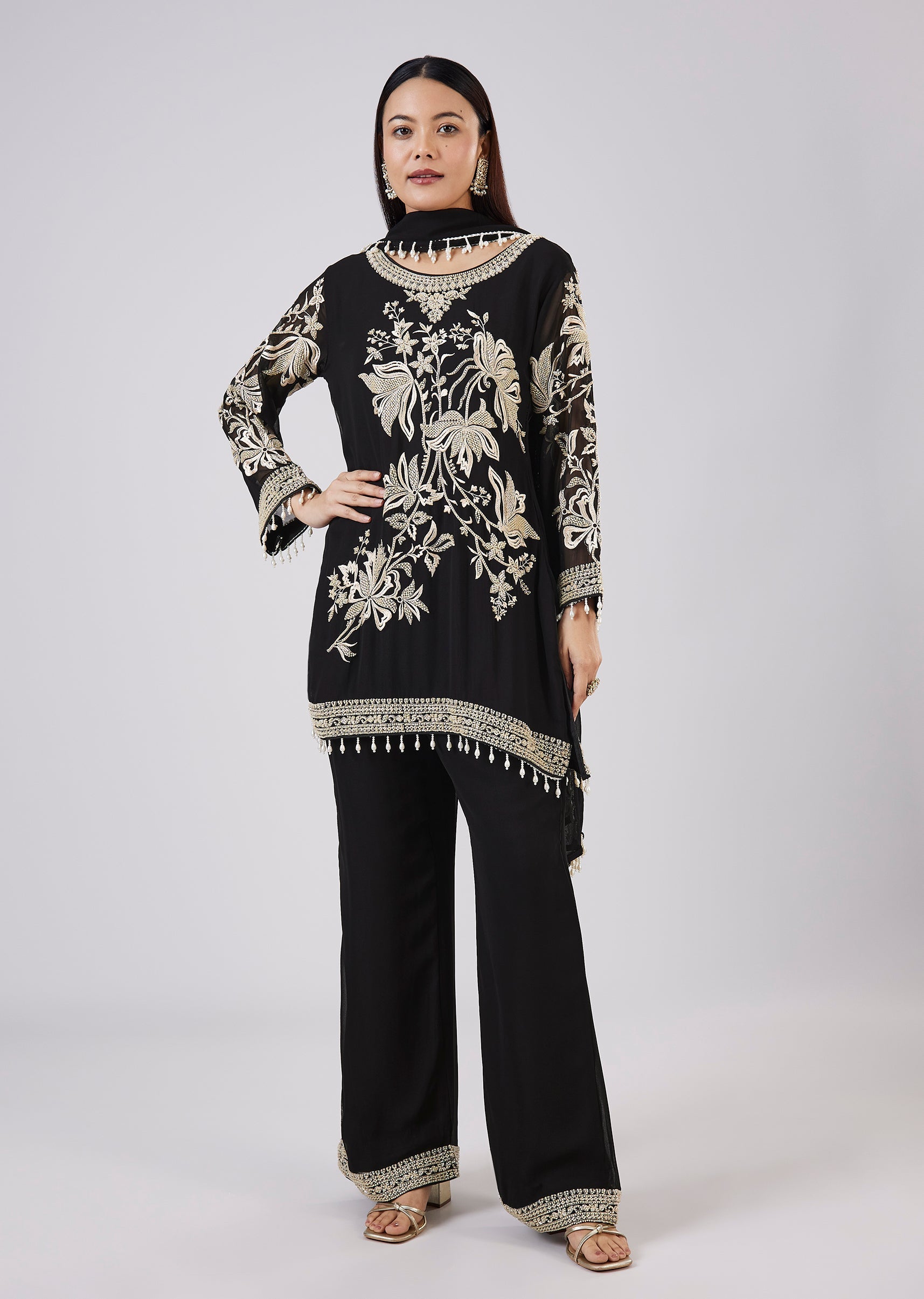 Black Georgette Palazzo Set With Resham Work