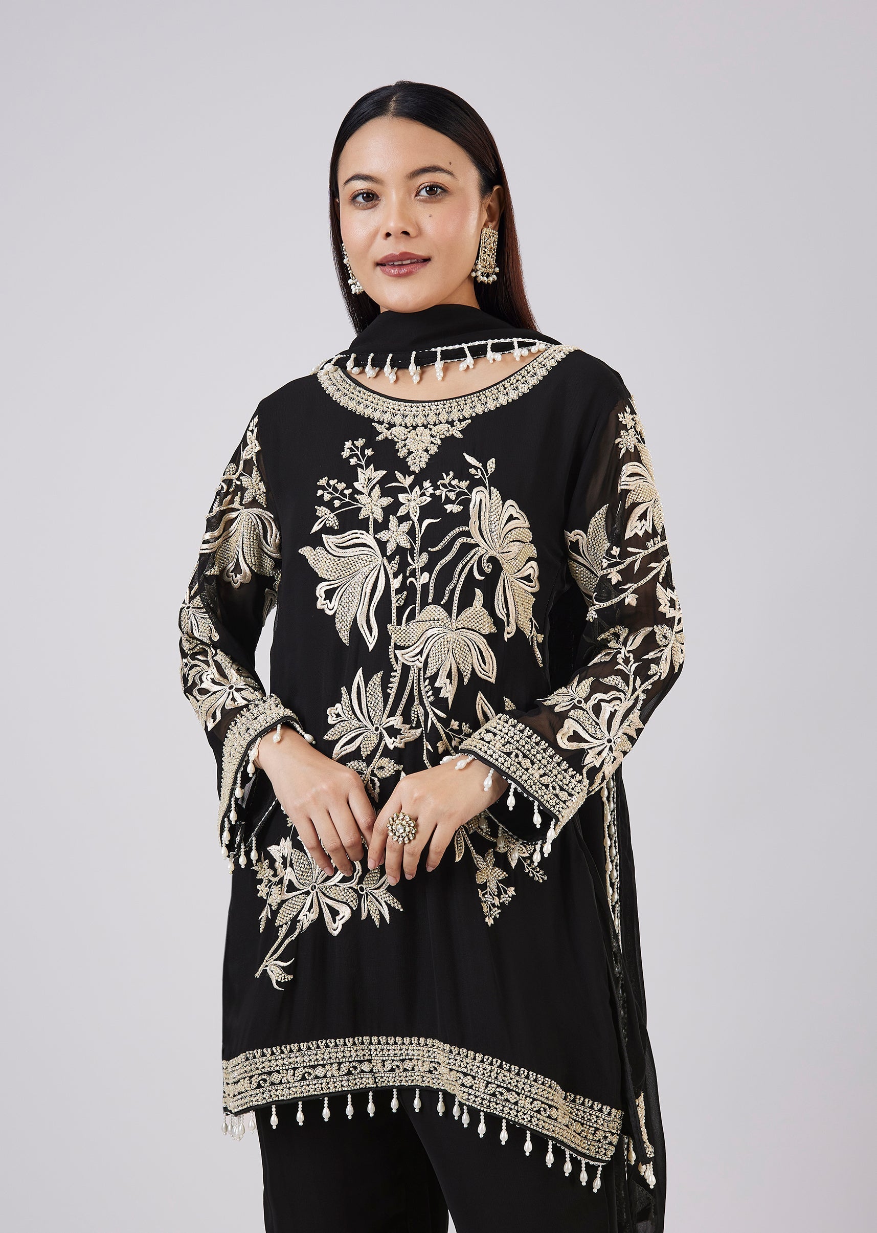 Black Georgette Palazzo Set With Resham Work