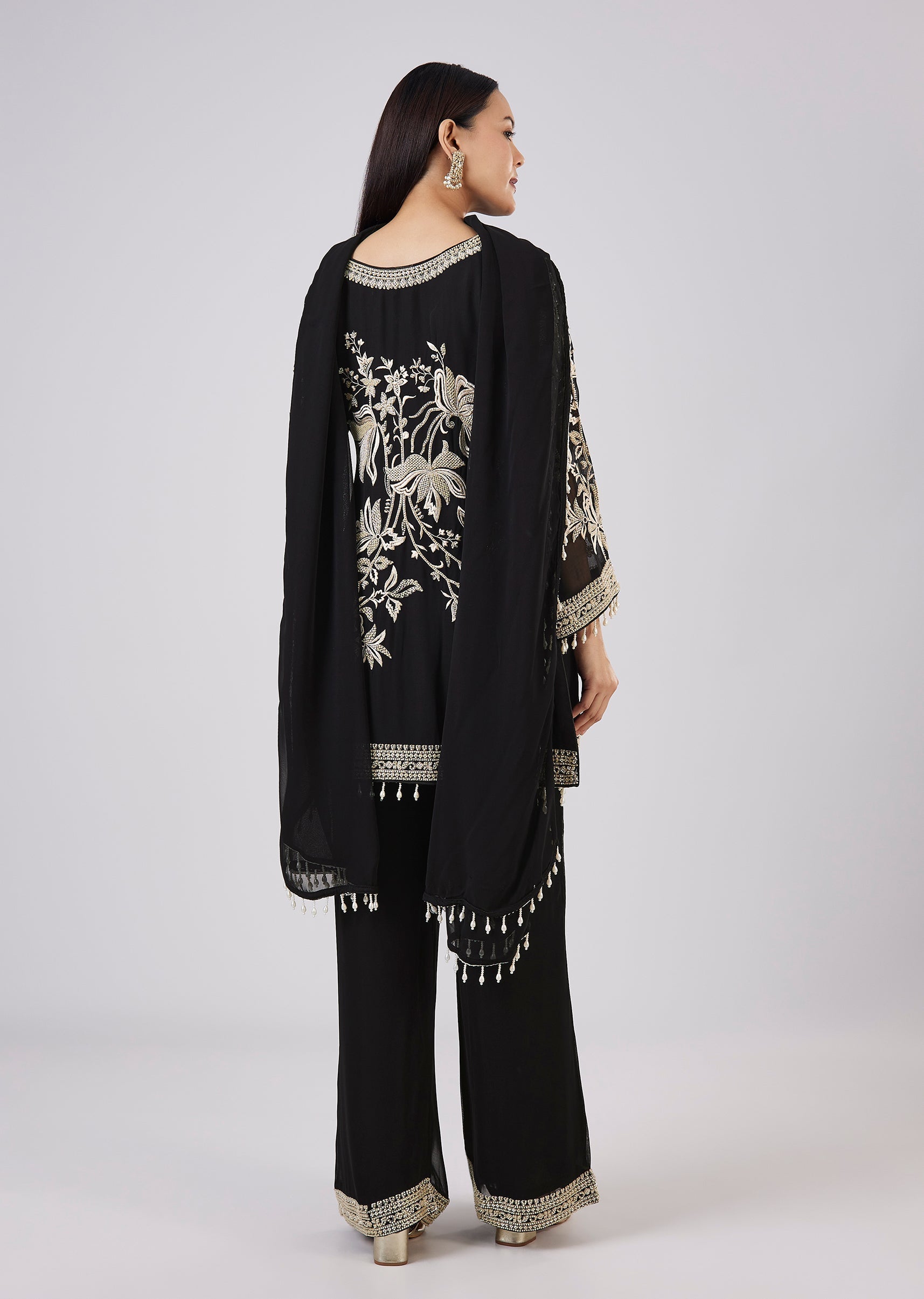 Black Georgette Palazzo Set With Resham Work