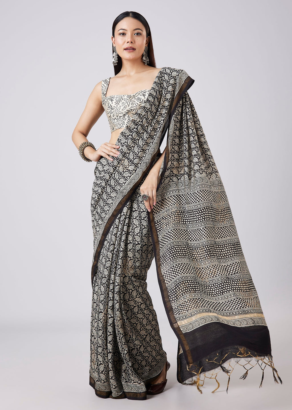 Black Saree with Hand Painted Floral Motif and Blouse
