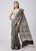 Black Saree with Hand Painted Floral Motif and Blouse