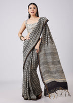 Black Saree with Hand Painted Floral Motif and Blouse