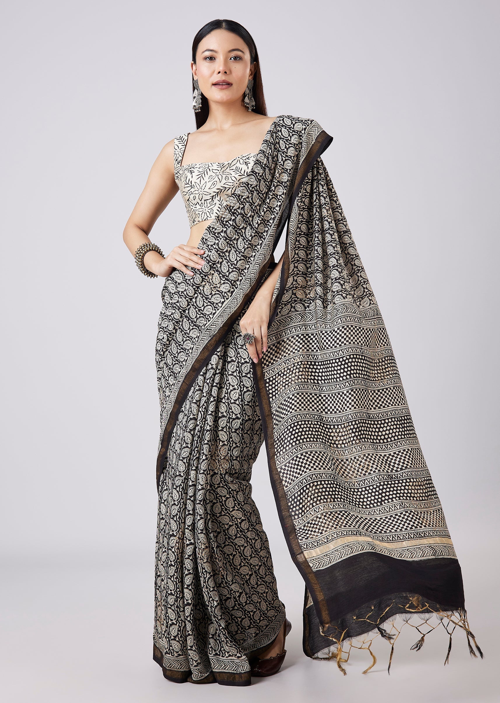 Black Saree with Hand Painted Floral Motif and Blouse