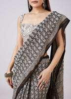 Black Saree with Hand Painted Floral Motif and Blouse