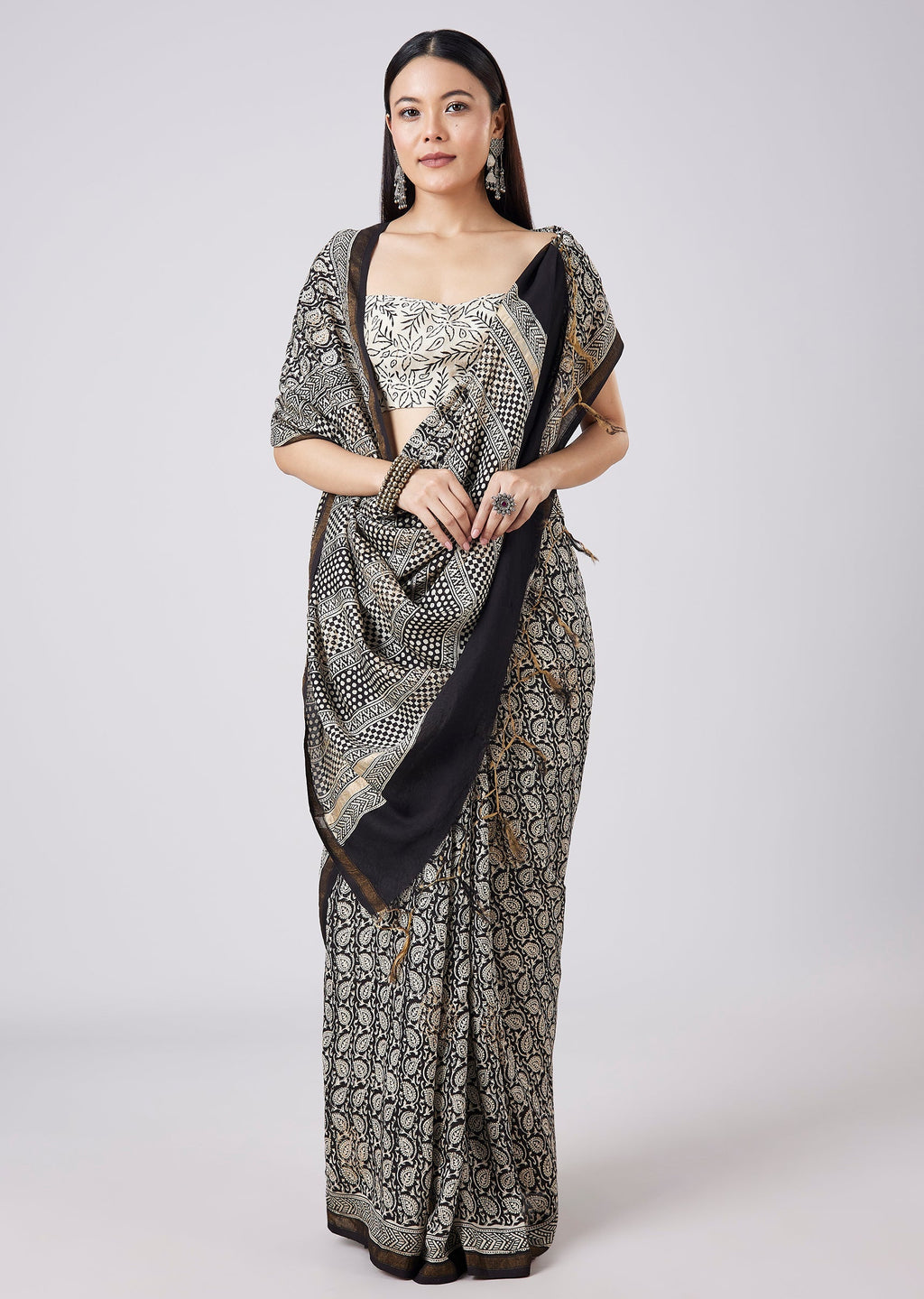 Black Saree with Hand Painted Floral Motif and Blouse