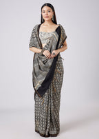 Black Saree with Hand Painted Floral Motif and Blouse