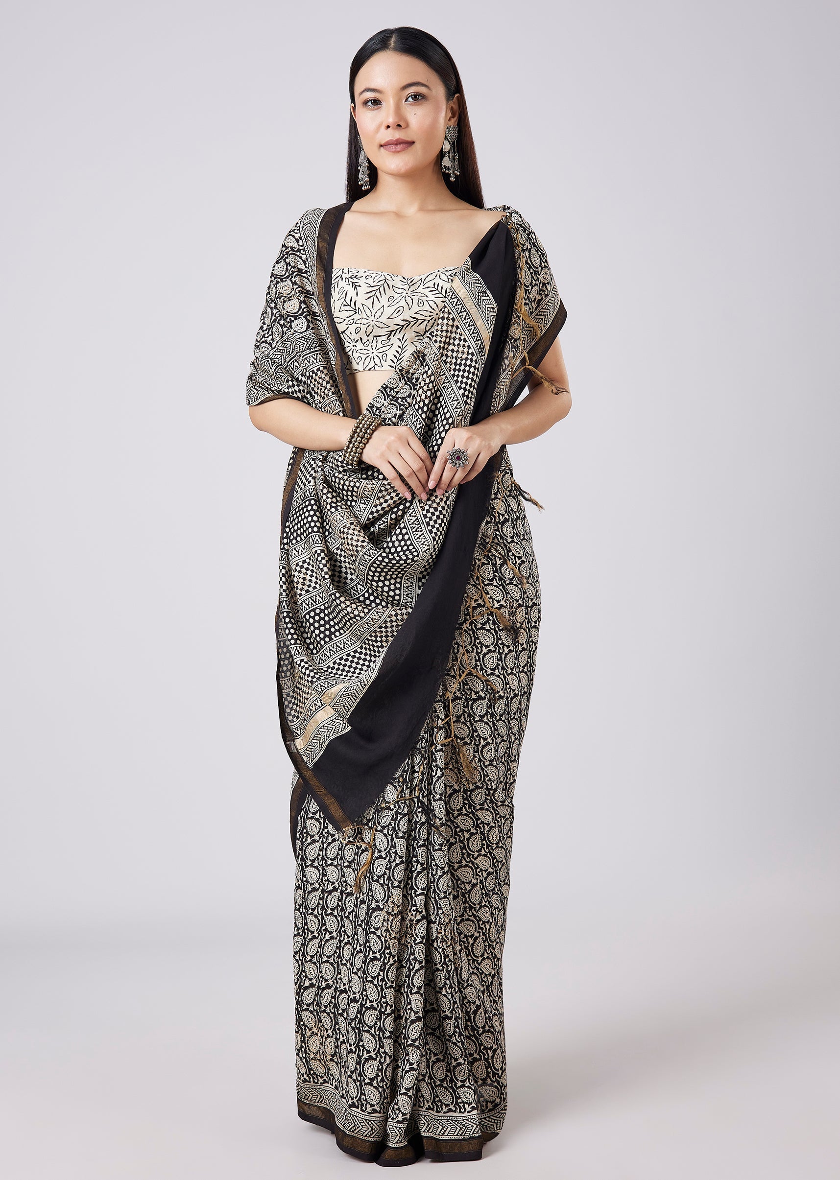 Black Saree with Hand Painted Floral Motif and Blouse