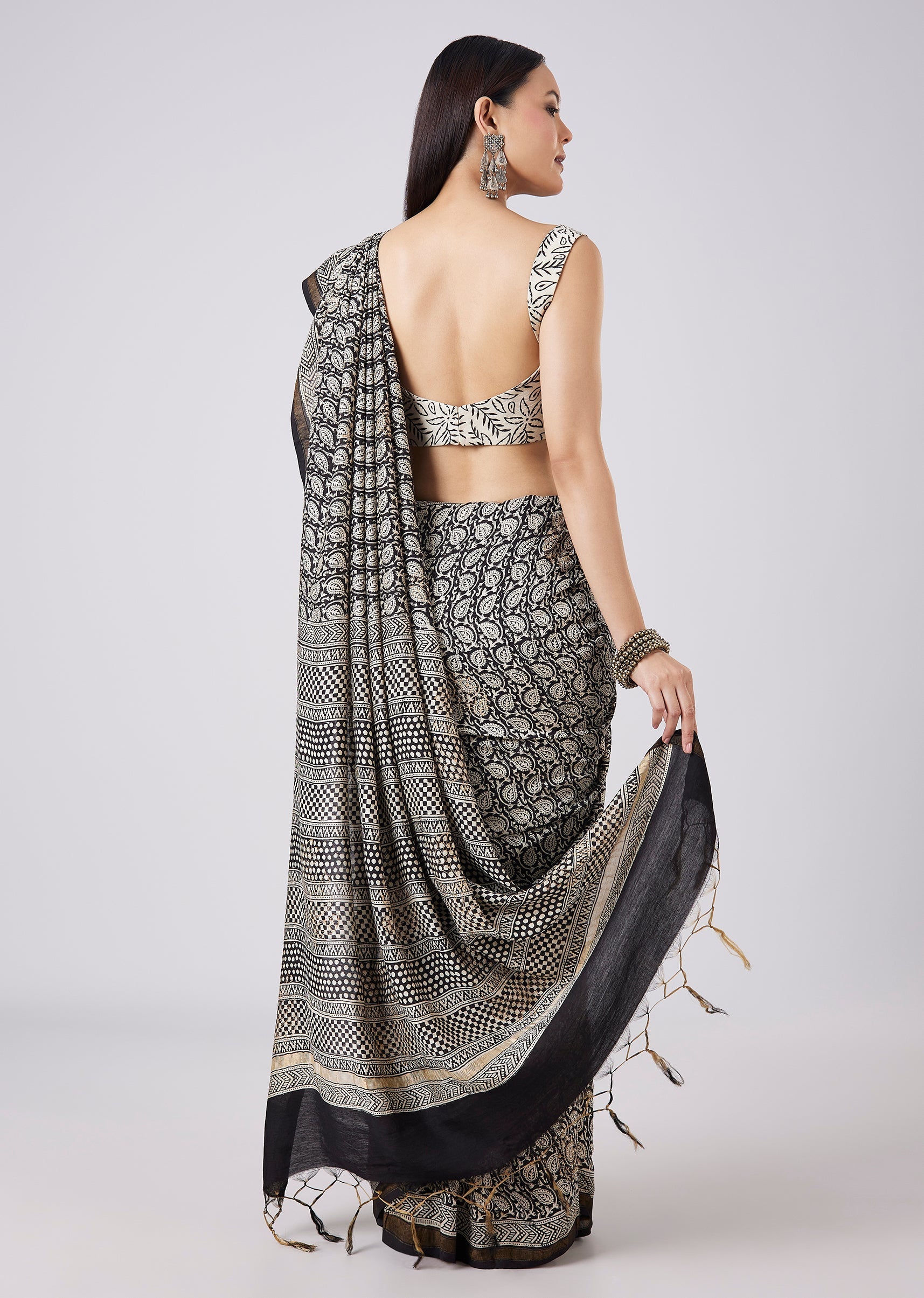 Black Saree with Hand Painted Floral Motif and Blouse