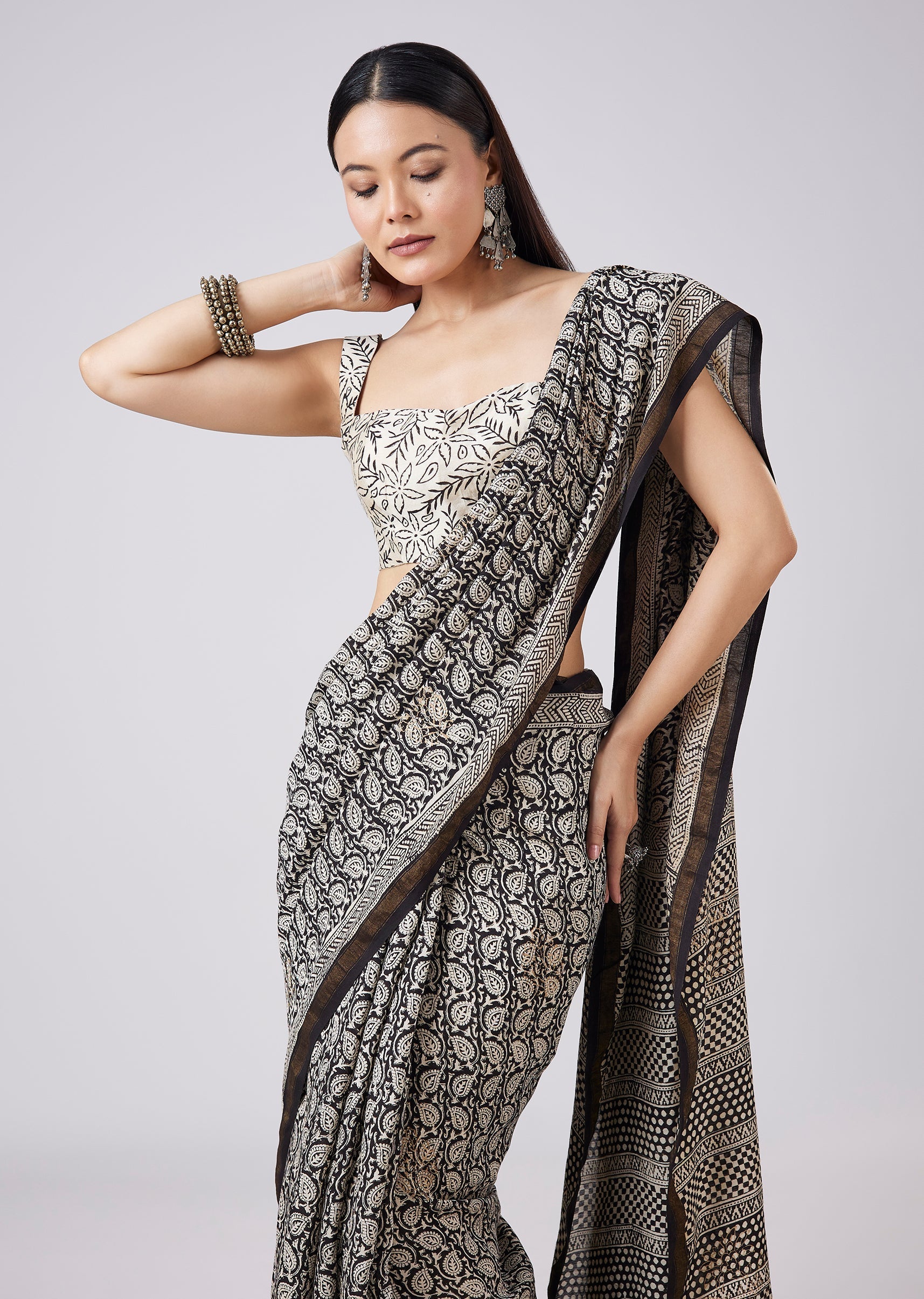 Black Saree with Hand Painted Floral Motif and Blouse
