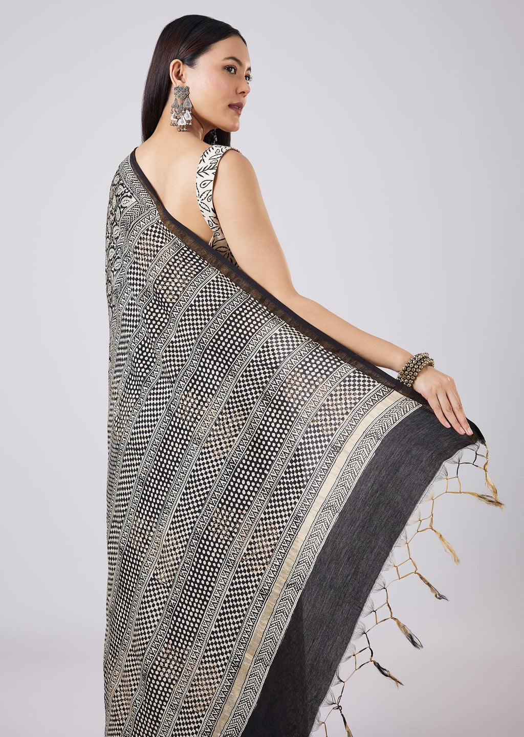 Black Saree with Hand Painted Floral Motif and Blouse