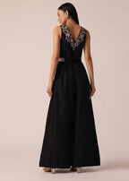 Black Jumpsuit With Floral Motif Embroidery