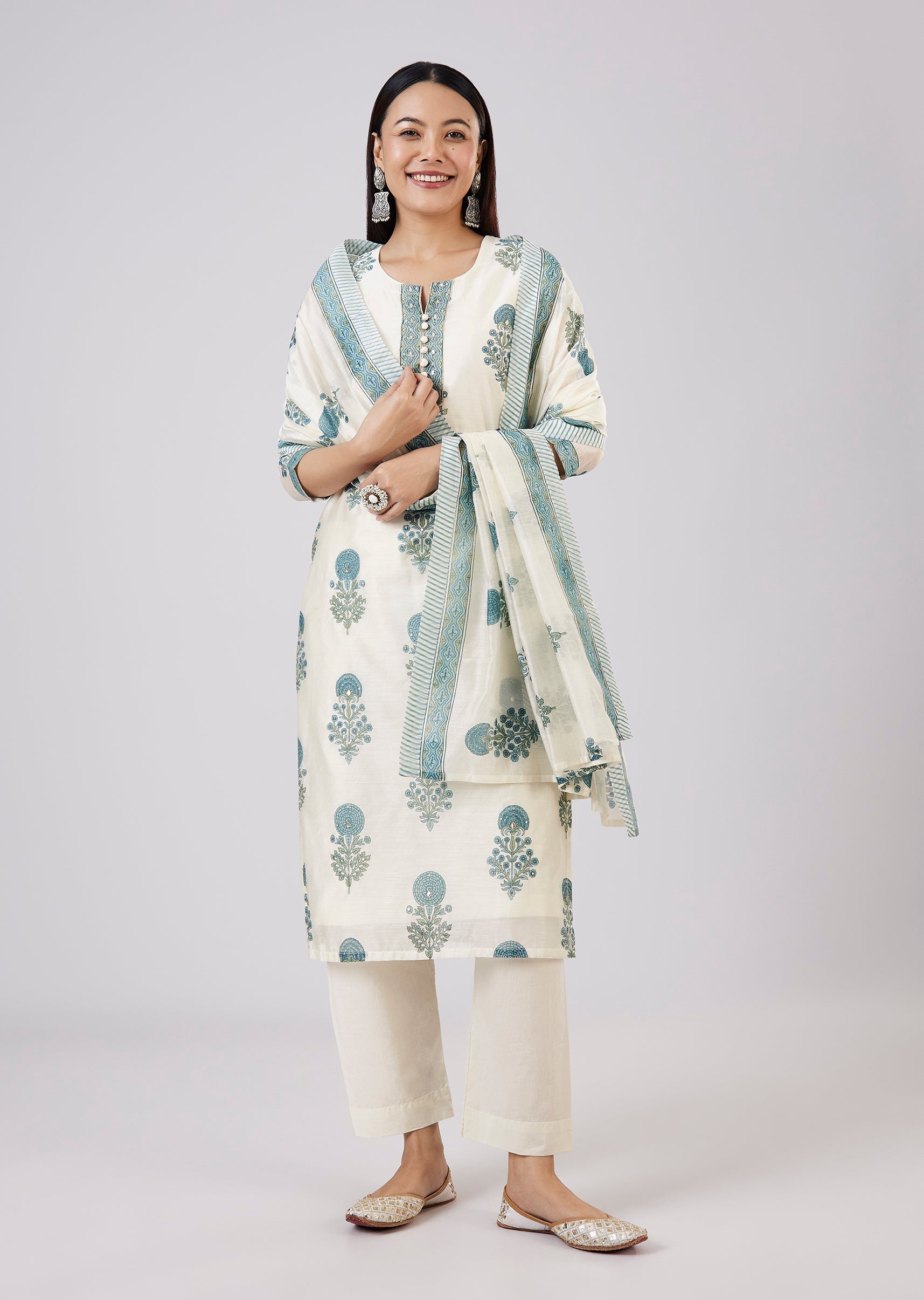 Blue Block Print Chanderi Kurta Set