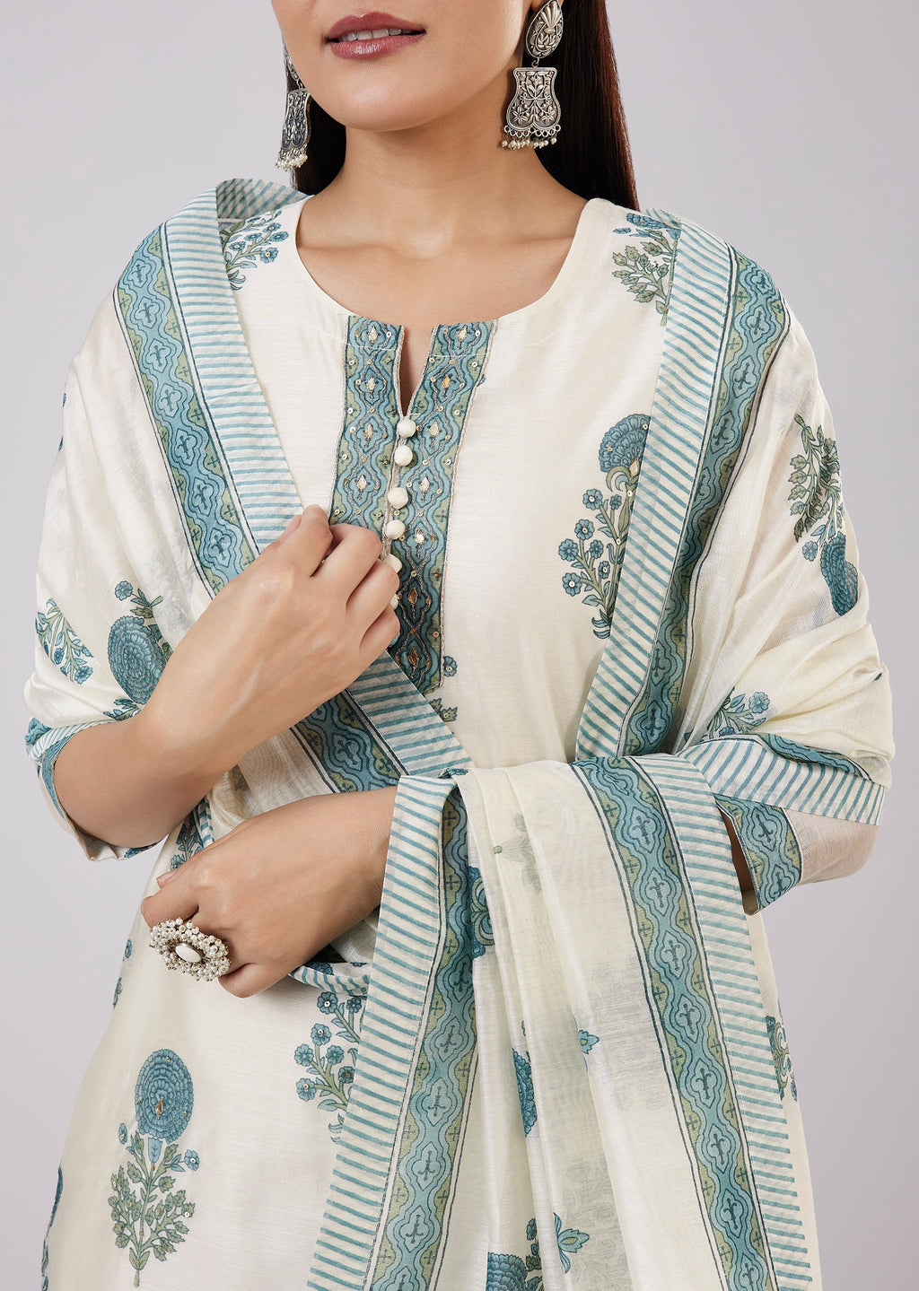 Blue Block Print Chanderi Kurta Set