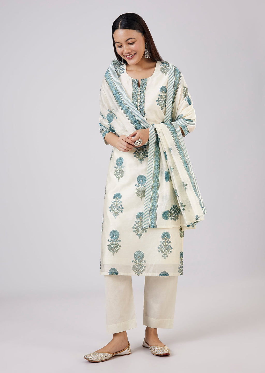 Blue Block Print Chanderi Kurta Set