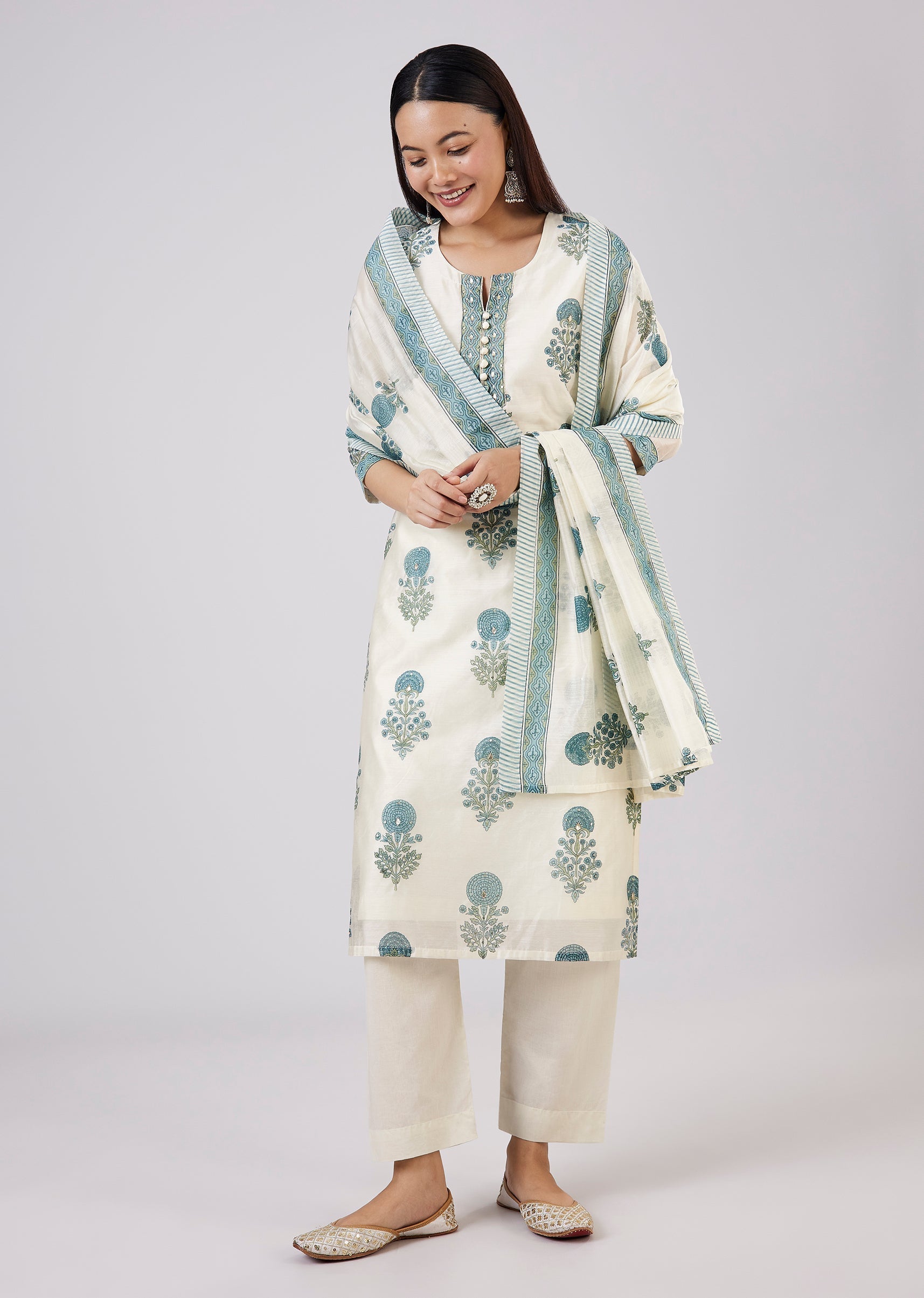Blue Block Print Chanderi Kurta Set