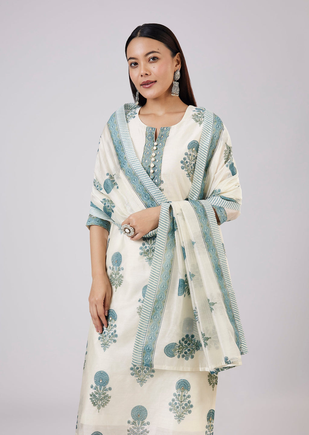Blue Block Print Chanderi Kurta Set
