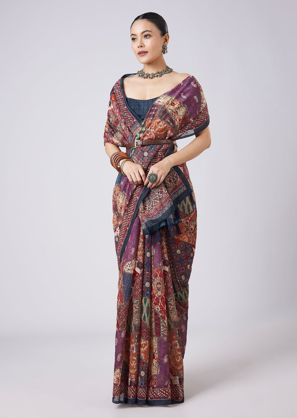 Blue Block Printed Motif Saree with Unstitched Blouse