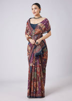 Blue Block Printed Motif Saree with Unstitched Blouse