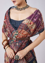 Blue Block Printed Motif Saree with Unstitched Blouse