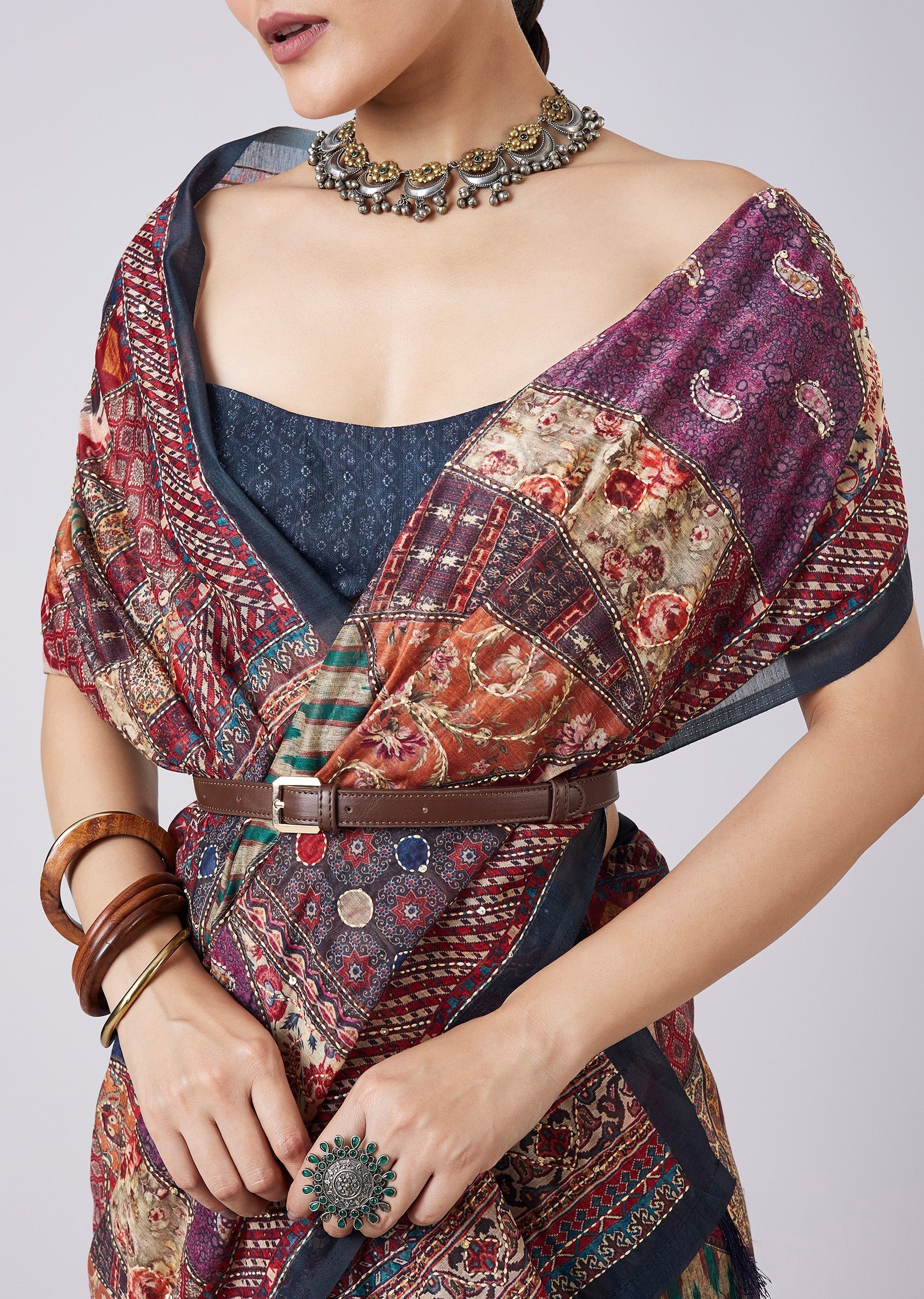 Blue Block Printed Motif Saree with Unstitched Blouse