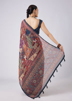 Blue Block Printed Motif Saree with Unstitched Blouse