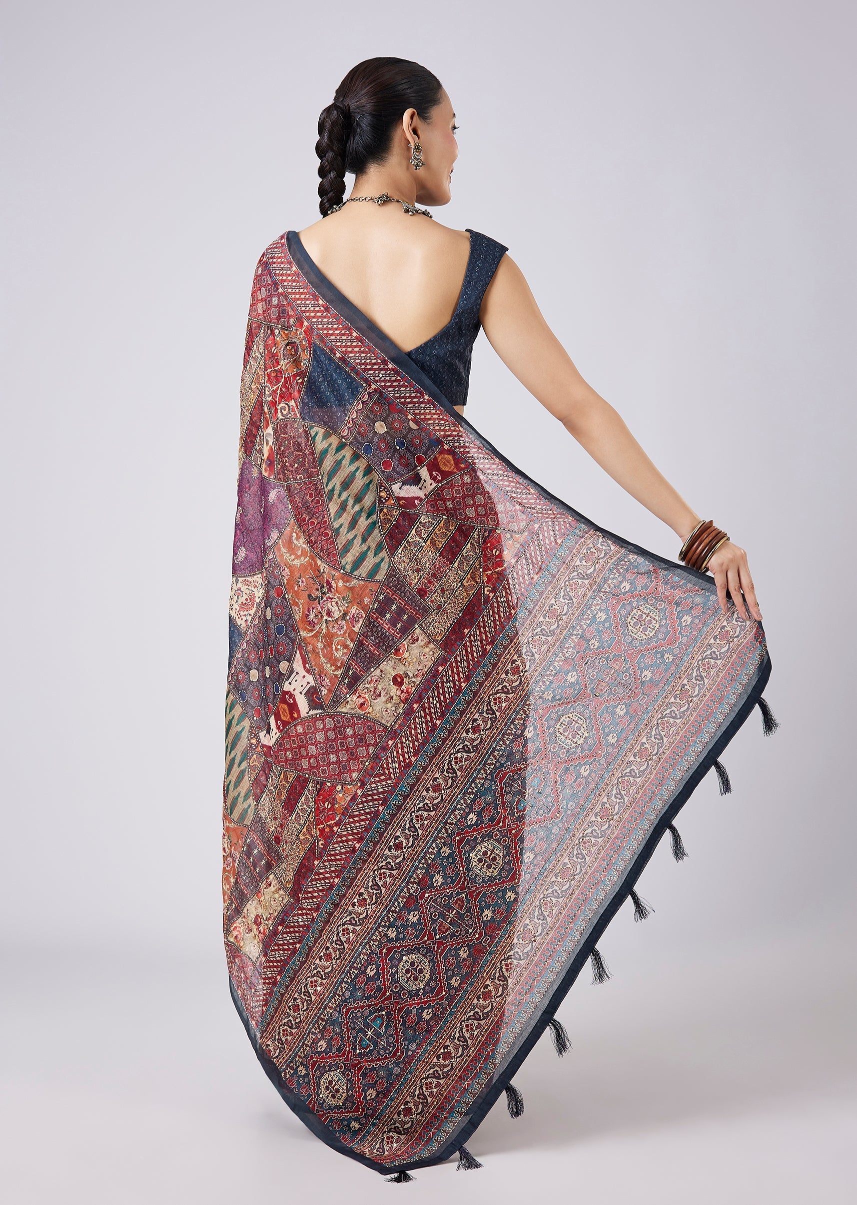 Blue Block Printed Motif Saree with Unstitched Blouse