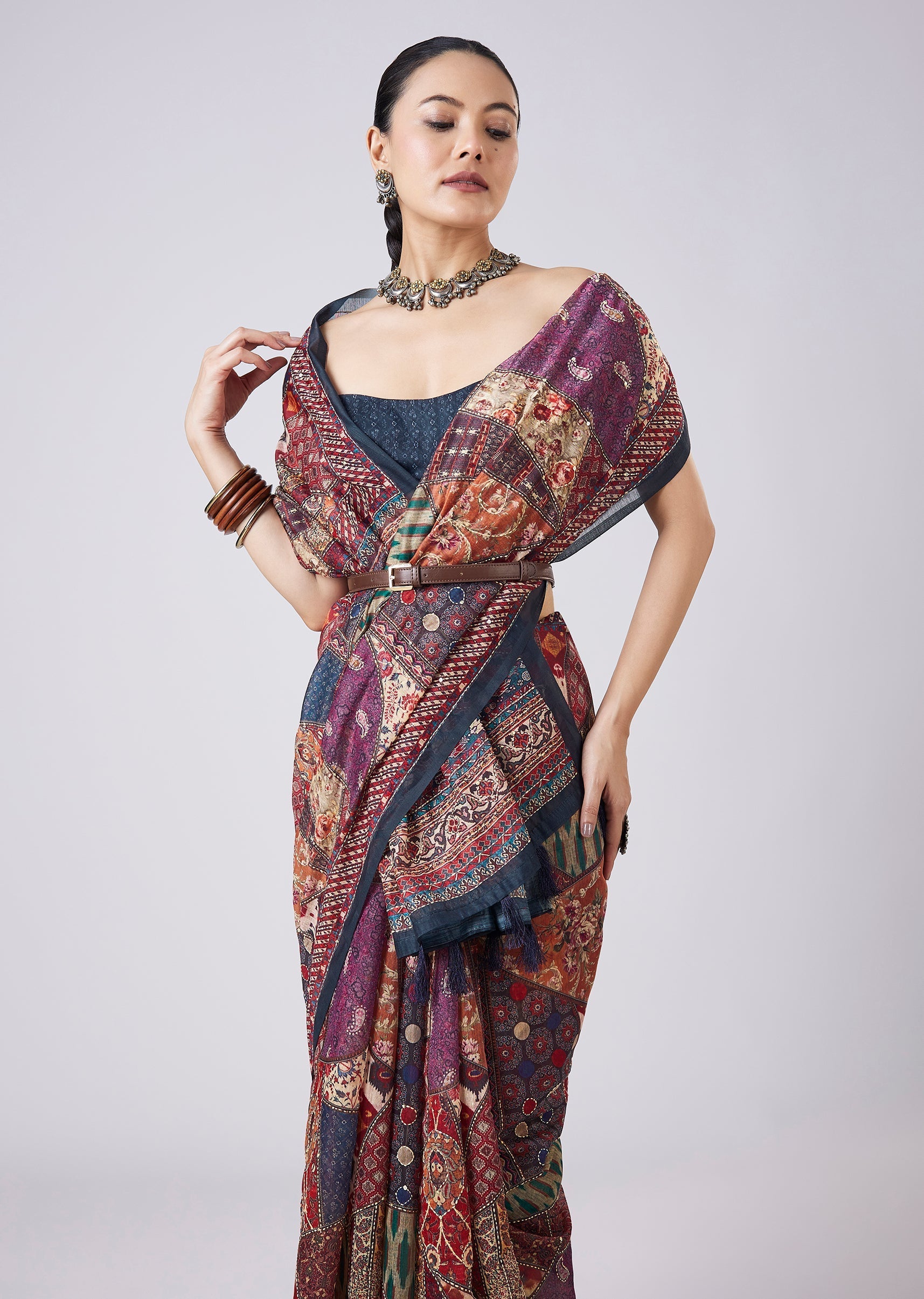 Blue Block Printed Motif Saree with Unstitched Blouse