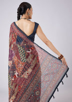 Blue Block Printed Motif Saree with Unstitched Blouse