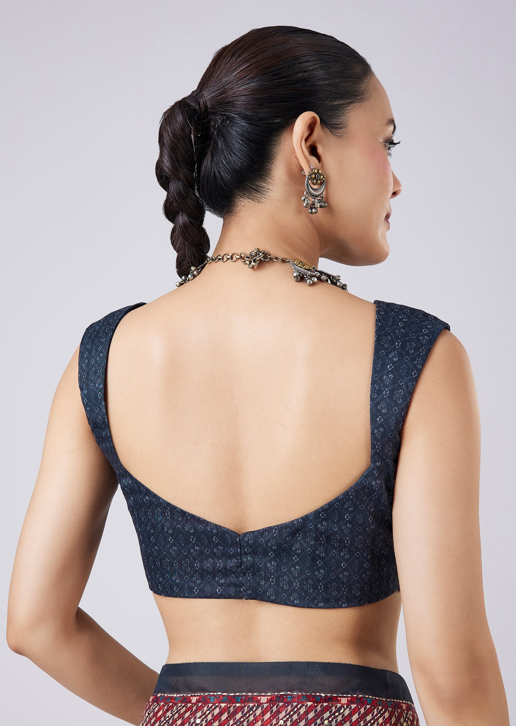Blue Block Printed Motif Saree with Unstitched Blouse