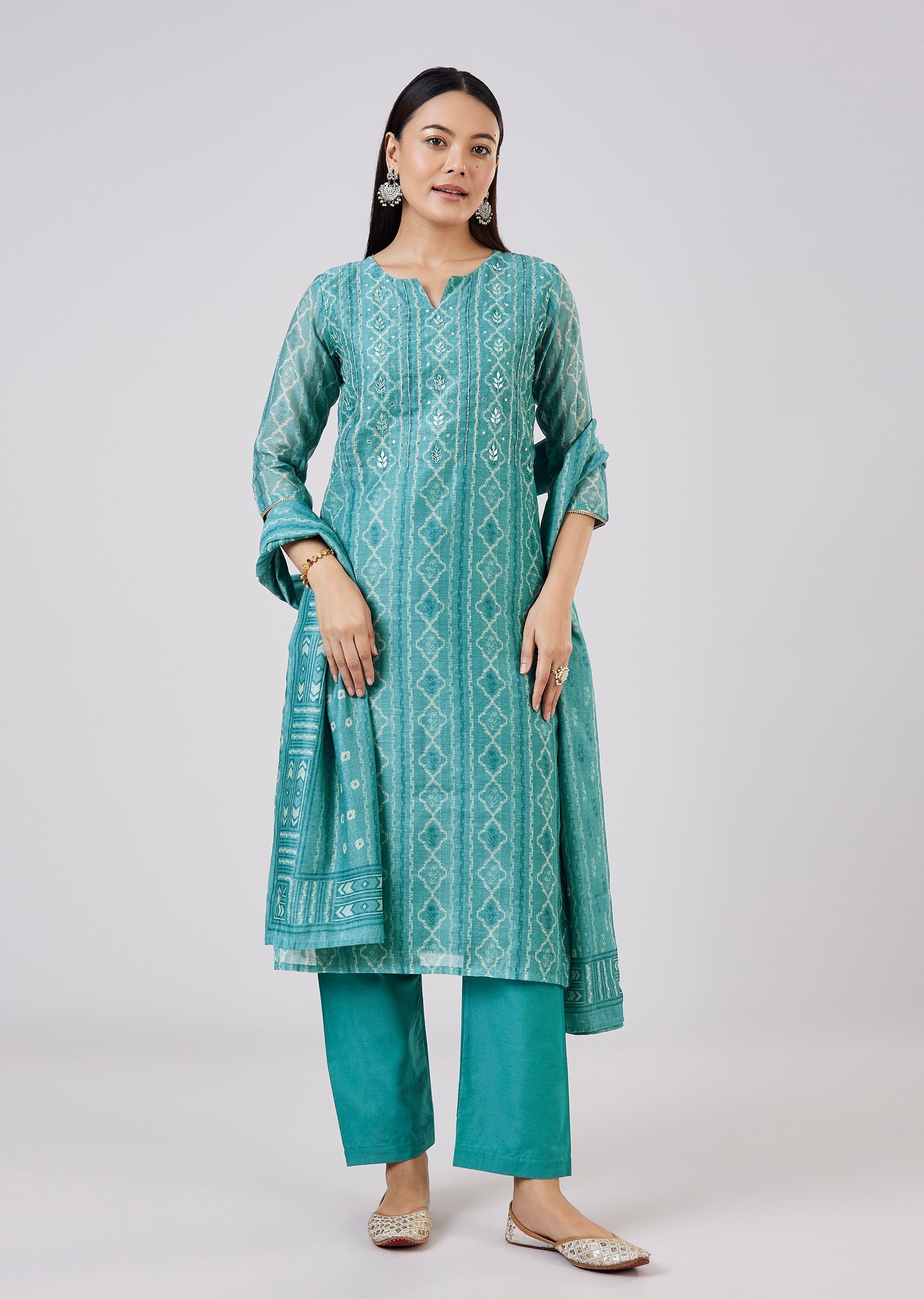Blue Chanderi Kurta Set With Gotta And Moti Work
