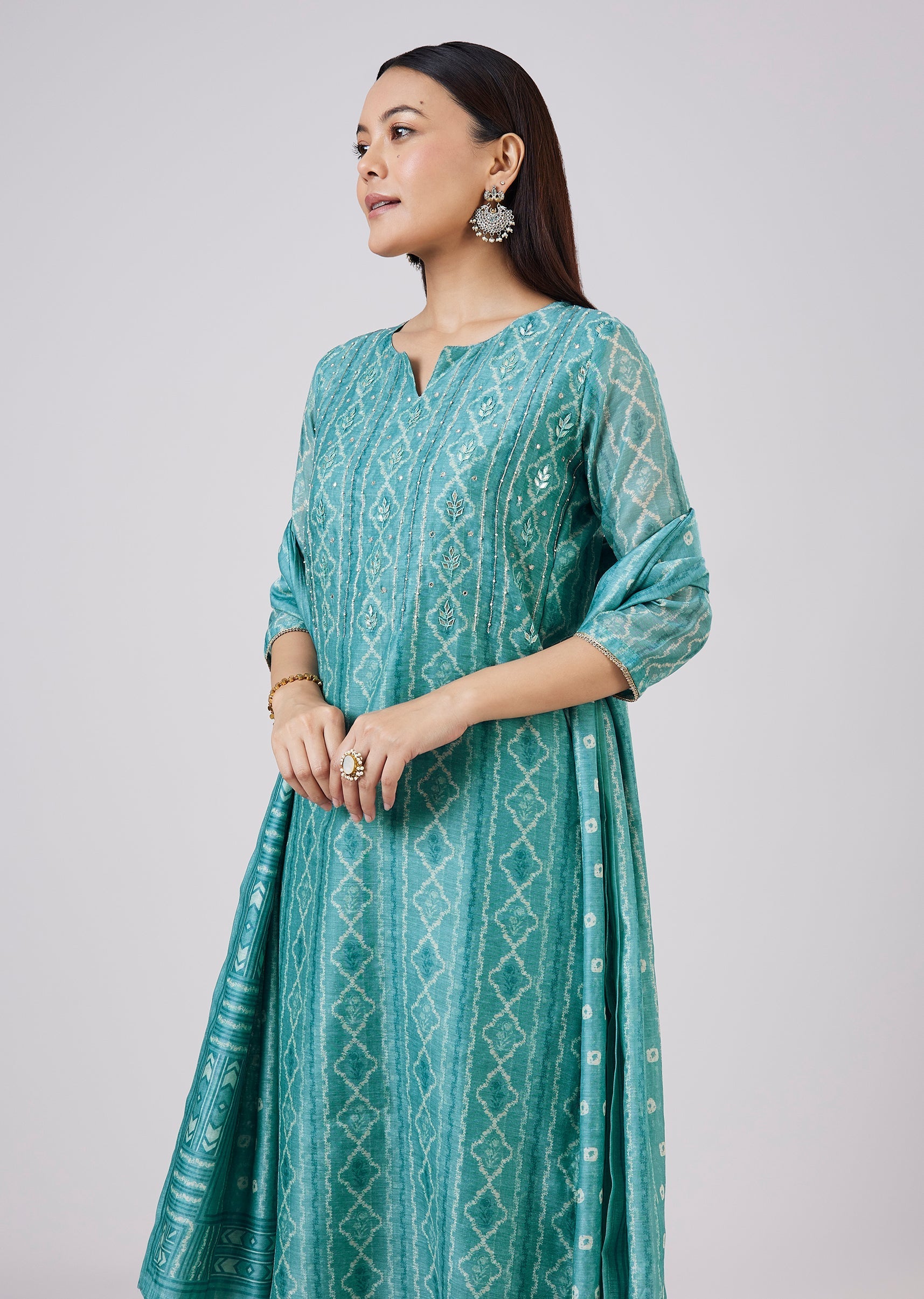 Blue Chanderi Kurta Set With Gotta And Moti Work