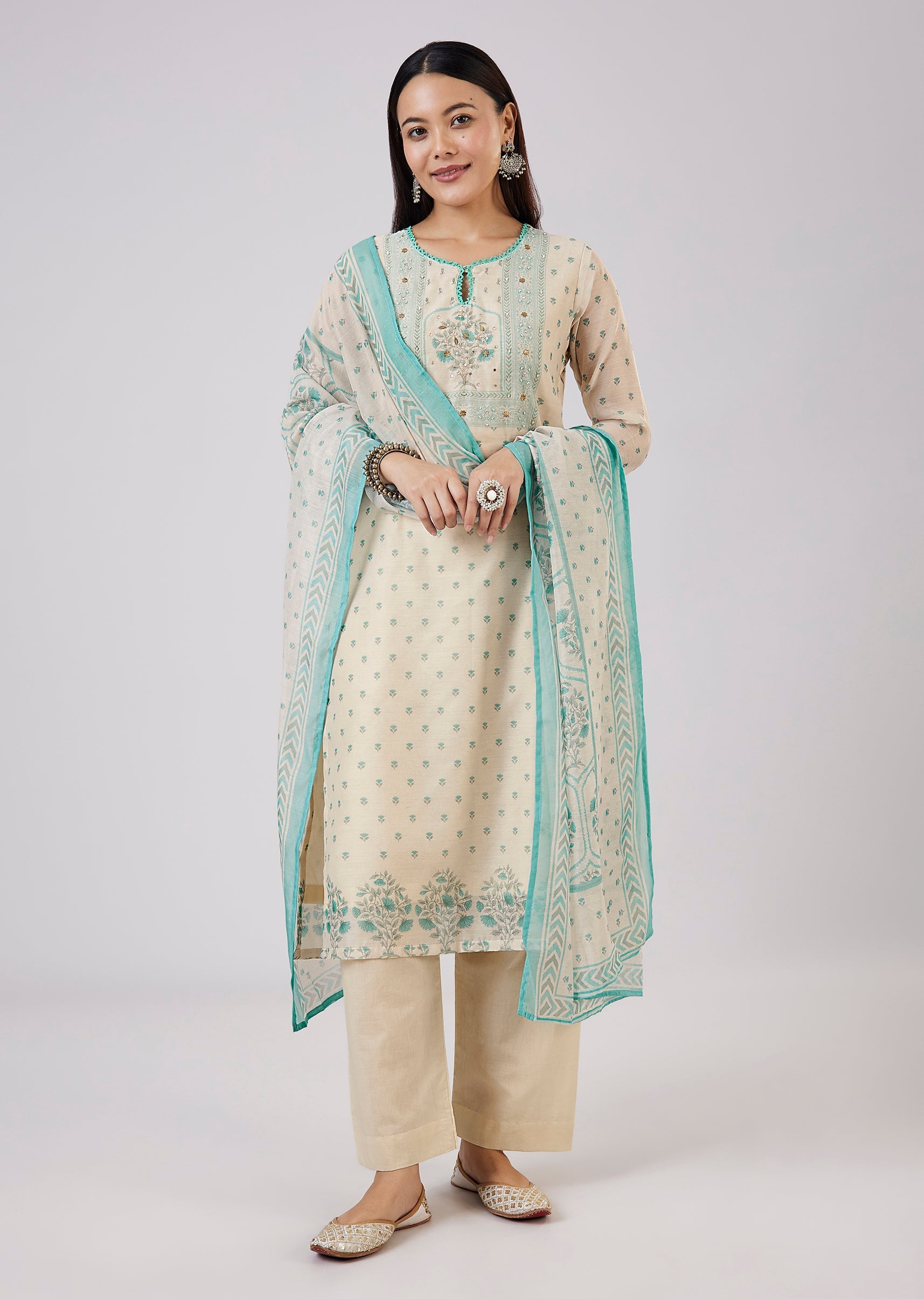 Blue Chanderi Kurta Set With Zari And Sequins