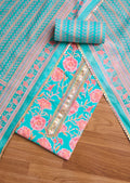 Blue Cotton With Pink Floral Printed Unstitched Suit Set