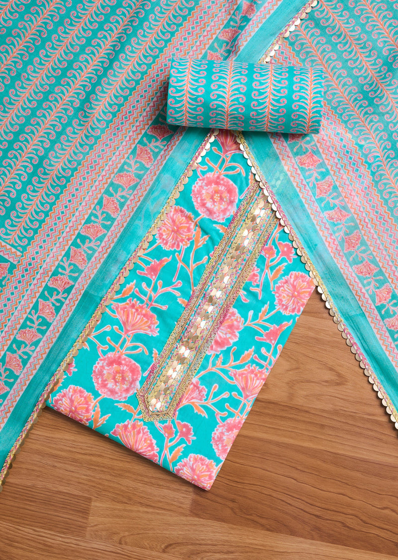 Blue Cotton With Pink Floral Printed Unstitched Suit Set