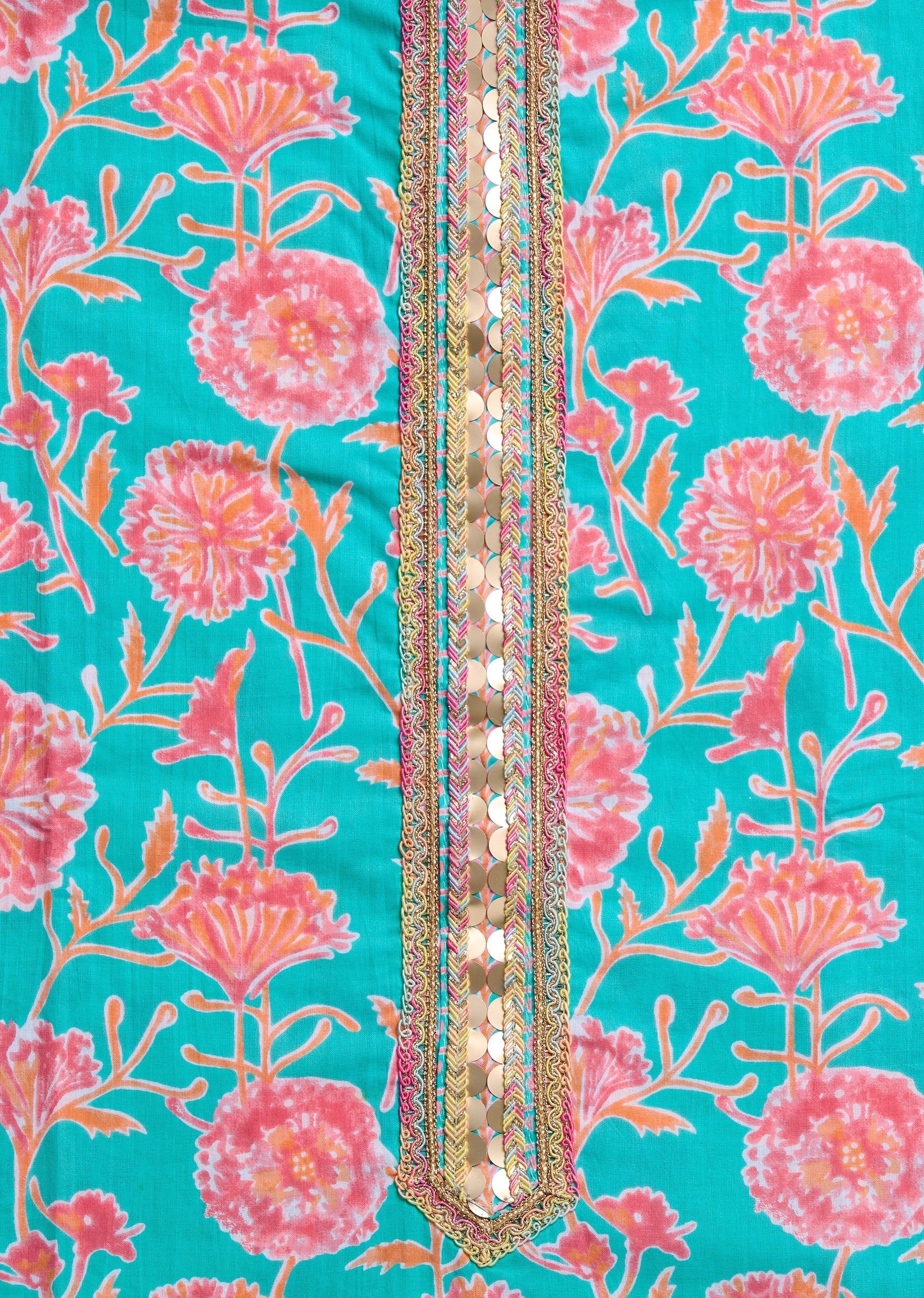 Blue Cotton With Pink Floral Printed Unstitched Suit Set