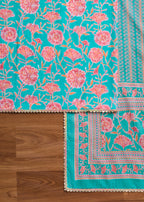 Blue Cotton With Pink Floral Printed Unstitched Suit Set
