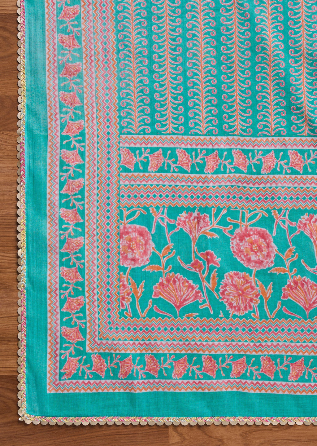 Blue Cotton With Pink Floral Printed Unstitched Suit Set