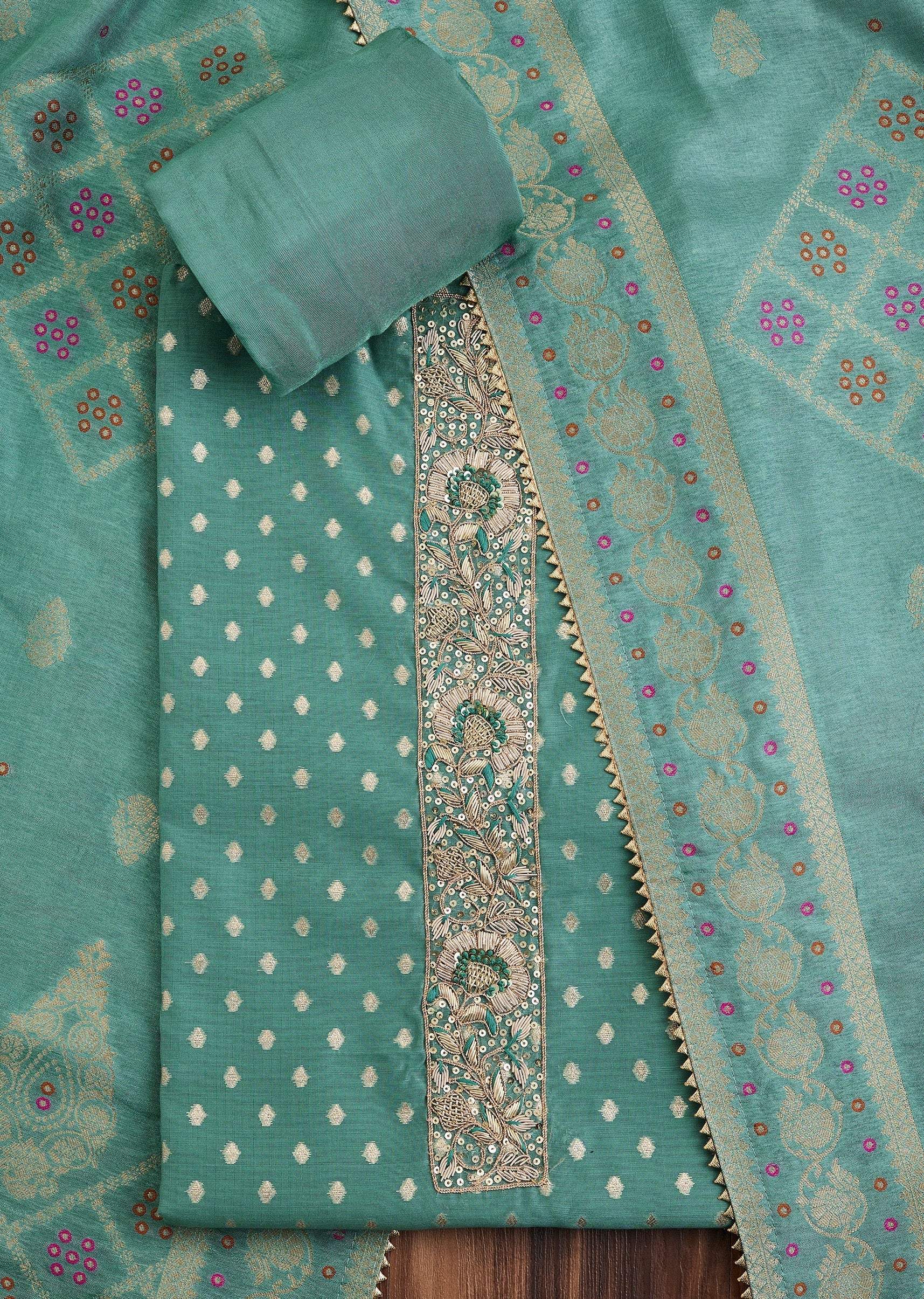 Blue Embroidered Chanderi Unstitched Suit