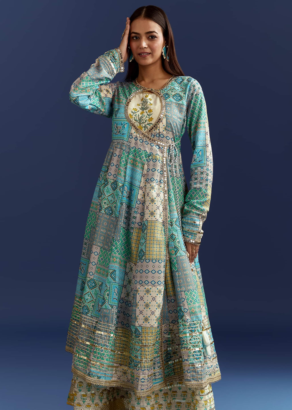 Blue Floral Angrakha Jacket With Gotta Lace Kurta
