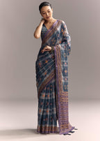 Blue Linen Saree With Hand Block Ajrakh Print And Lavender Border